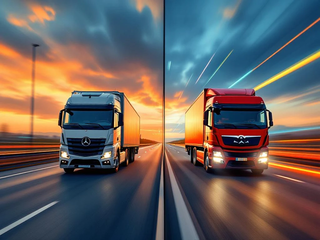 Twee bezorgwagens op snelweg bij schemering: witte vrachtwagen links versus rode expresswagen rechts in beweging
Copy