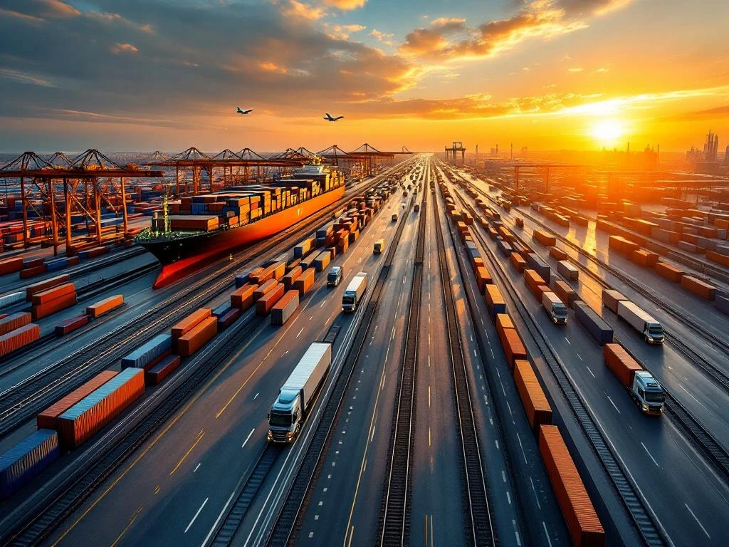 Luchtfoto van intermodale logistieke hub met containerschip, treinen, vrachtwagens en vliegtuig bij zonsondergang