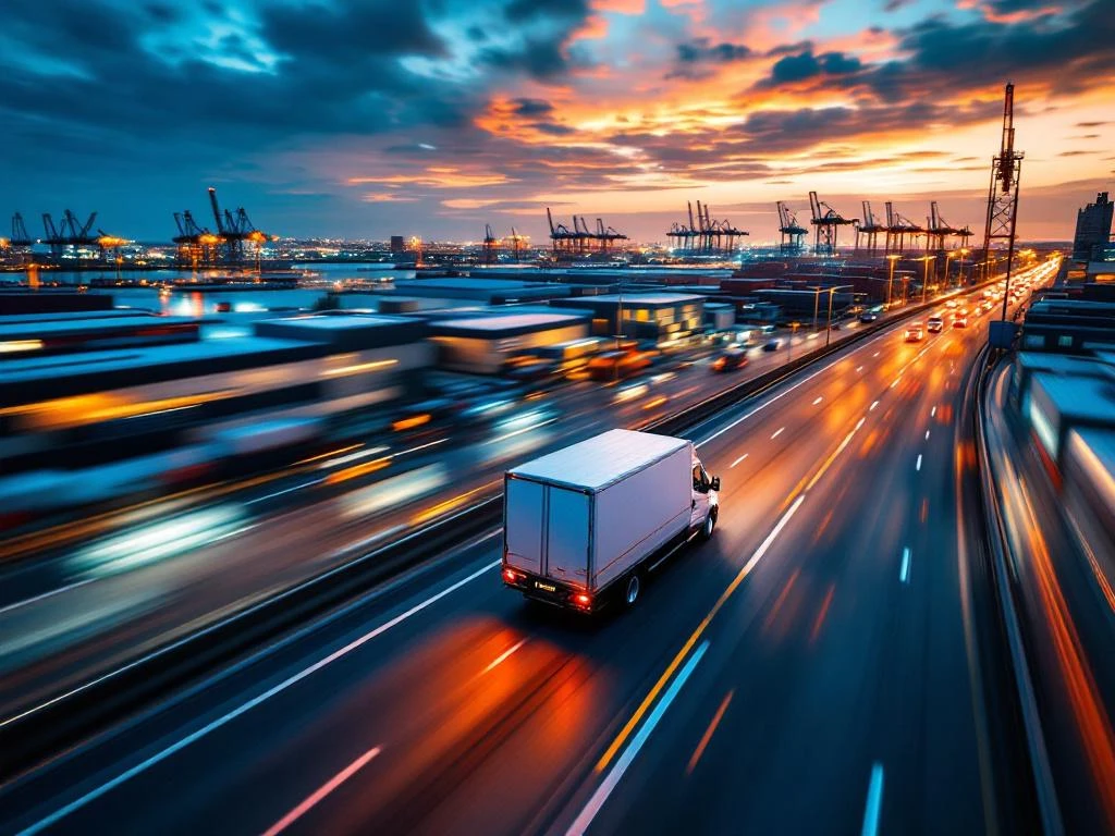 Witte bestelwagen rijdt in hoog tempo over Europese snelweg bij zonsondergang met logistiek centrum op achtergrond