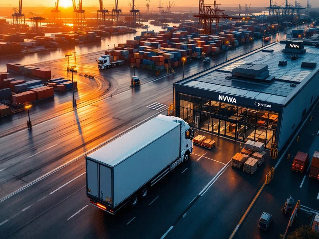 Witte koelvrachtwagen bij NVWA-douanecontrole op Europese grenspost tijdens gouden uur met Rotterdamse haven op achtergrond