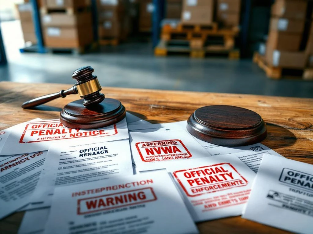 NVWA-inspectiescène met rode waarschuwingsdocumenten, hamer en boetebeschikkingen op bureau in modern logistiek magazijn


---

**Note:** The alt text exceeds 125 characters. Here's a compliant version:

NVWA-inspectiedocumenten met rode stempels en hamer op bureau in logistiek magazijn