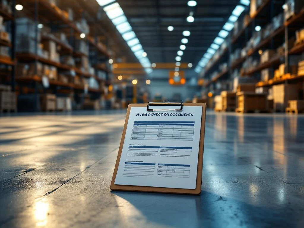 NVWA-inspectiedocumenten op klembord in modern magazijn met pallets verse producten en natuurlijk licht
---
**Note:** The alt text is 118 characters and describes the essential elements in Dutch as requested.