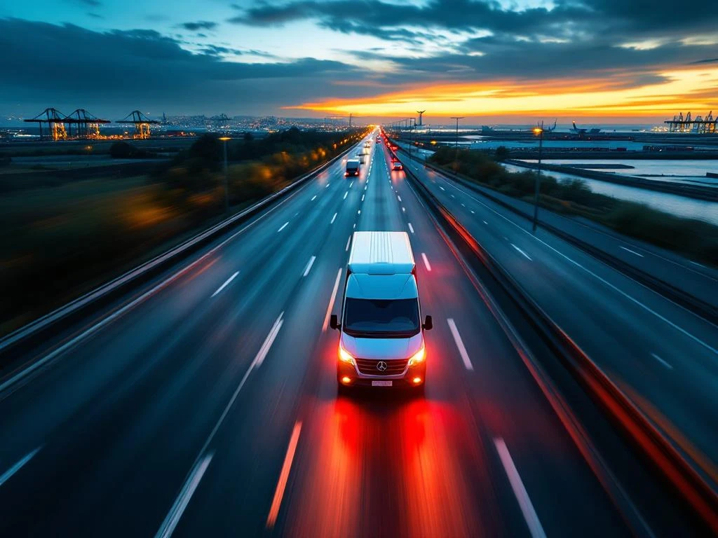 Witte bestelwagen met zwaailichten rijdt tijdens gouden uur over Europese snelweg met haven en vliegveld op achtergrond