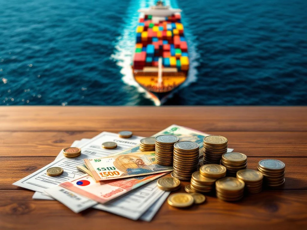 Internationaal geld en douanedocumenten op bureau met vrachtschip vol containers op oceaan op achtergrond