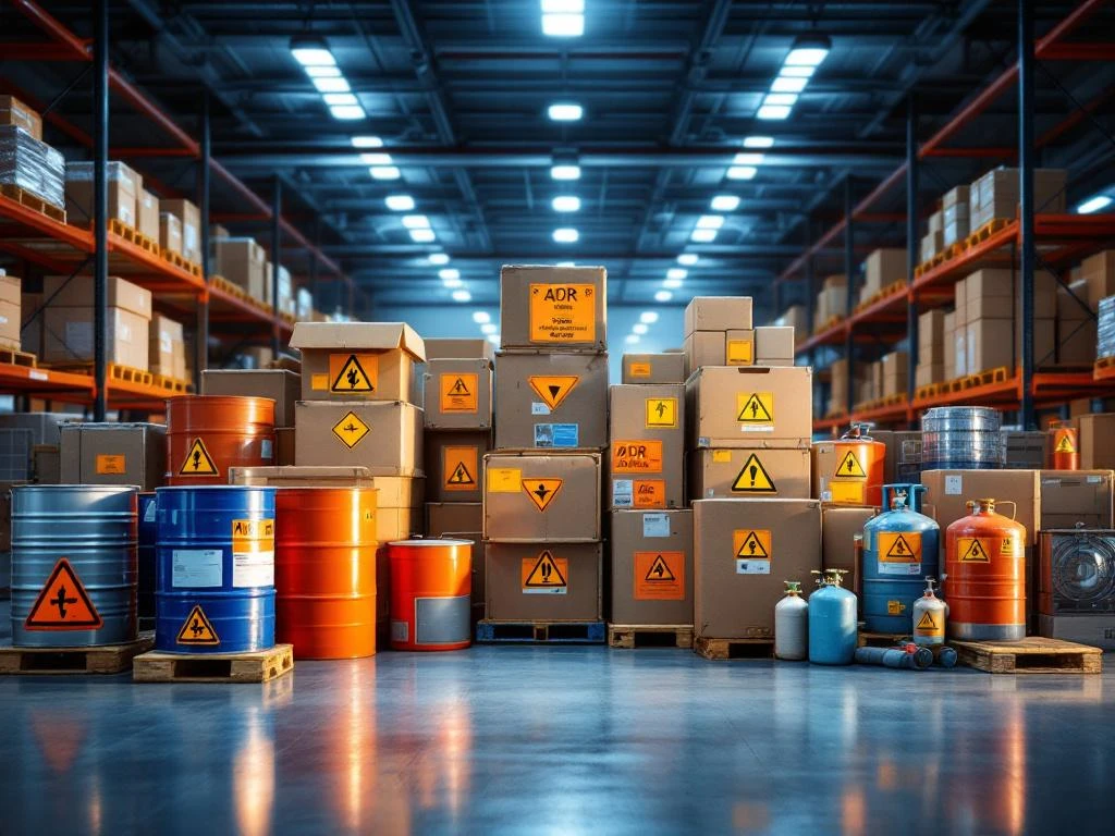 ADR gevaarlijke stoffen containers met oranje waarschuwingslabels in professioneel logistiek magazijn met veiligheidsuitrusting