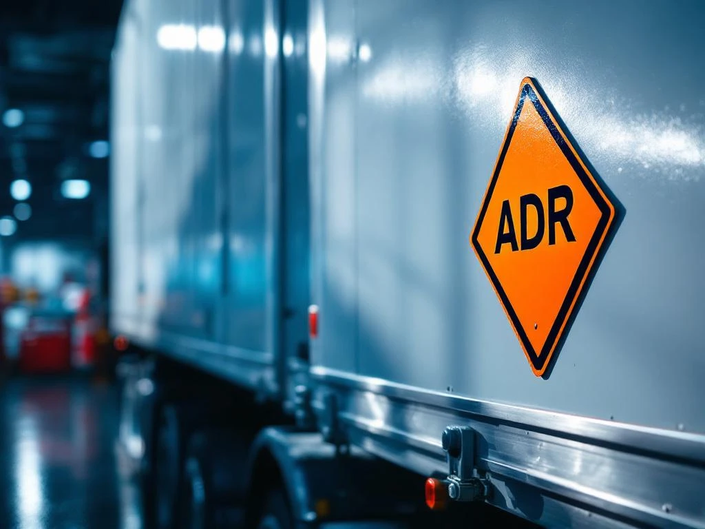 Oranje ADR gevaarlijke stoffen placard op witte vrachtwagen trailer met veiligheidsuitrusting en brandblusser zichtbaar