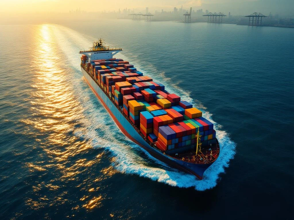 Containerschip met kleurrijke containers vaart door blauwe oceaan naar Europese haven bij zonsopgang