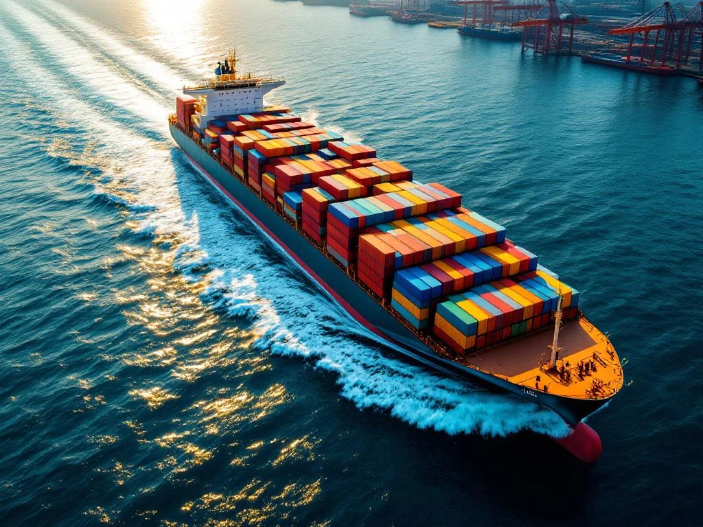 Luchtfoto van groot containerschip met kleurrijke containers op blauwe oceaan, haven met kranen op achtergrond