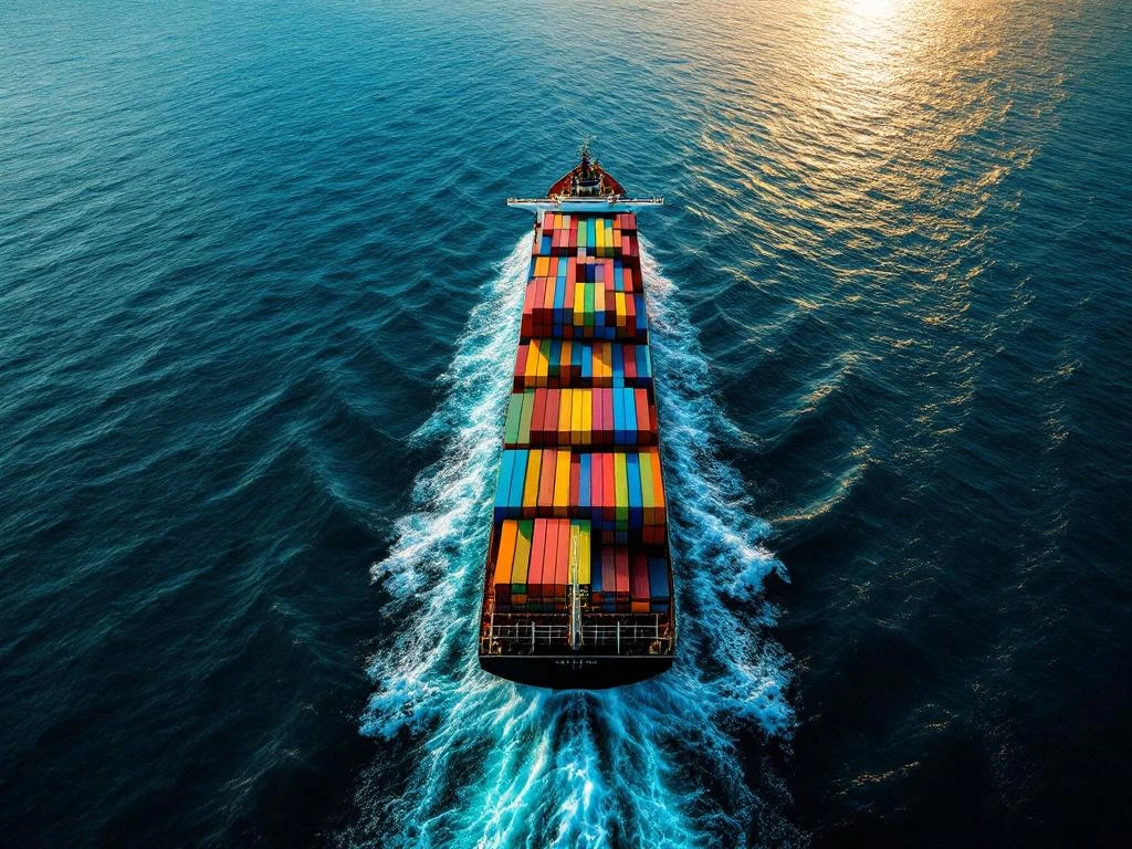 Groot containerschip met kleurrijke containers vaart door diepe oceaan, gefotografeerd vanuit luchtperspectief