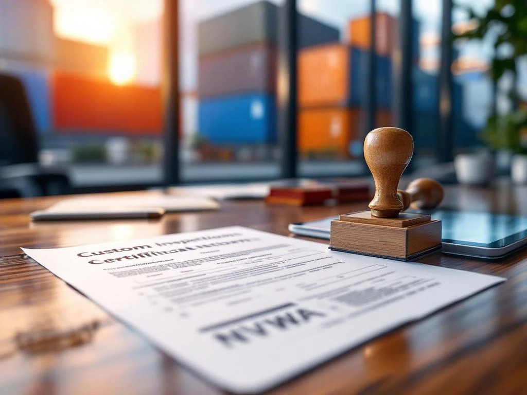 Nederlandse douanedocumenten en NVWA-certificaten op houten bureau met stempel en tablet, vrachtwagens op achtergrond