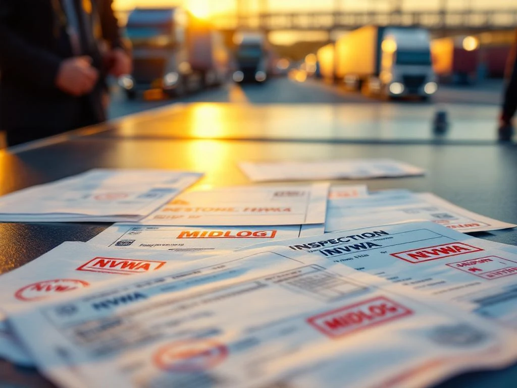 NVWA inspectiedocumenten met rode stempels op douanebalie, vrachtwagens wachten bij Europese grensovergang