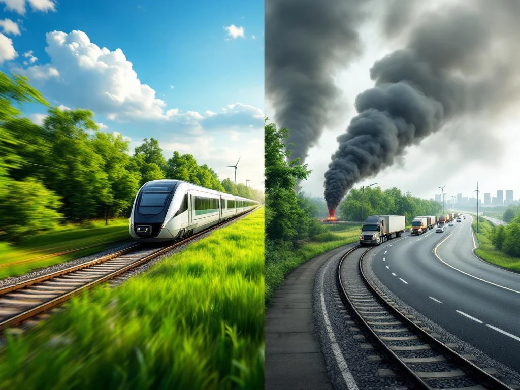 Moderne elektrische trein door groen landschap tegenover snelweg met vervuilende vrachtwagens met uitlaatgassen