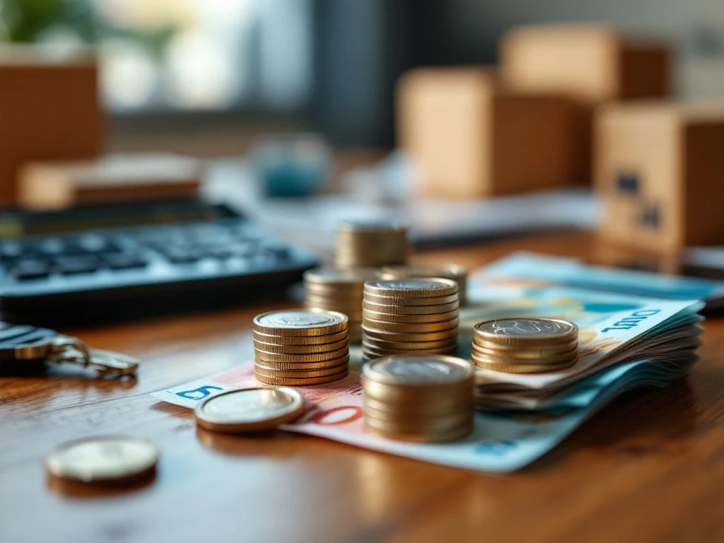 Gestapelde eurobiljetten en munten op houten bureau met bezorgsleutel en smartphone met tracking-app op achtergrond