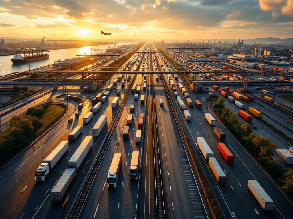 Luchtfoto van drukke Europese grensovergang met vrachtwagens, treinen en schepen bij douanefaciliteiten tijdens gouden uur