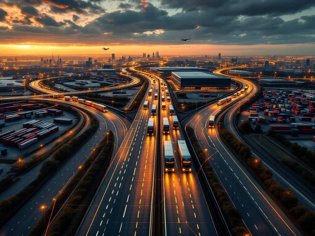 Luchtfoto van moderne Europese logistieke hub met vrachtwagens, treinen en vliegtuigen tijdens gouden uur met verlichte wegen