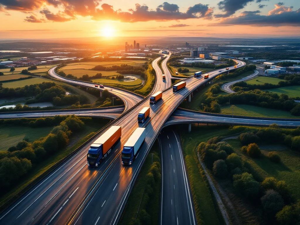 MIDLOG vrachtwagens op Europees snelwegennetwerk tijdens gouden uur, met logistieke hubs en groen landschap op achtergrond