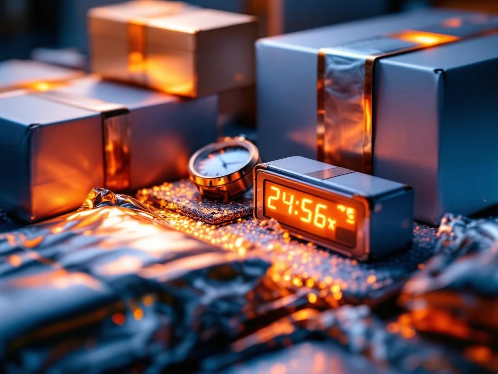 Hoogwaardige geïsoleerde verpakkingsmaterialen met temperatuurcontrole-indicatoren en digitale displays in blauw-oranje kleurenschema