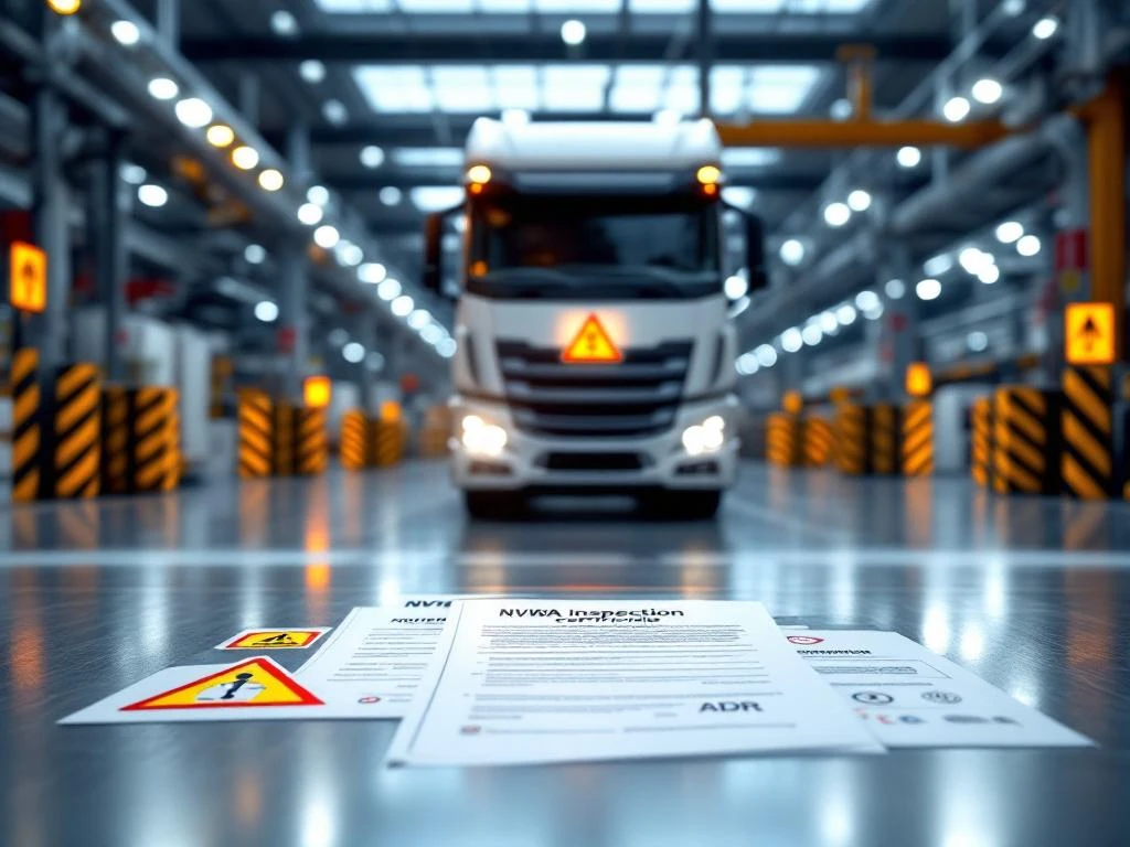 Vrachtwagen met gevaarlijke stoffen bij NVWA inspectiepost met ADR certificaten en veiligheidsdocumenten op voorgrond