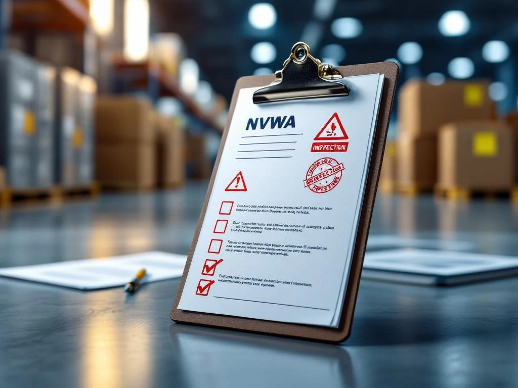 Inspectie klembord met rode waarschuwingsstempels en checkboxes op moderne magazijnoppervlak met logistieke containers