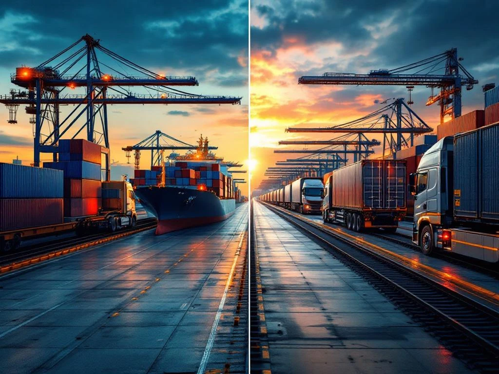 Gesplitste weergave van intermodale containertransfer links en multimodale logistieke hub met treinen, vrachtwagens en vliegtuigen rechts