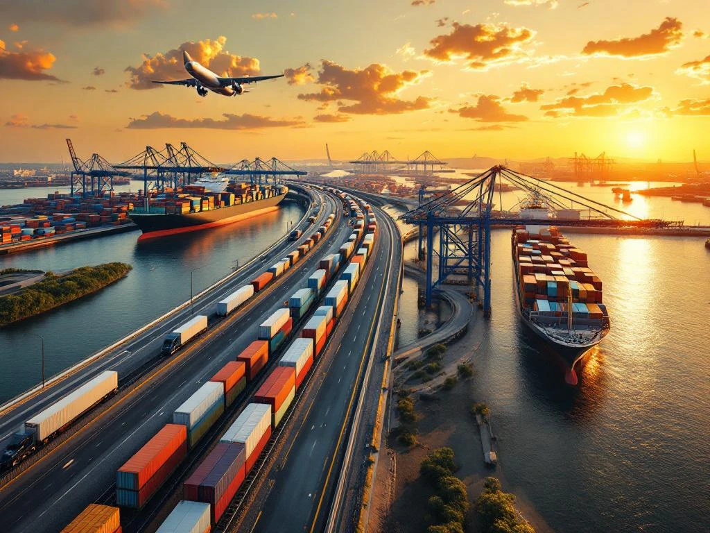 Luchtfoto van moderne intermodale logistieke hub met vrachttrein, containerschepen, vrachtwagens en vliegtuigen bij zonsondergang