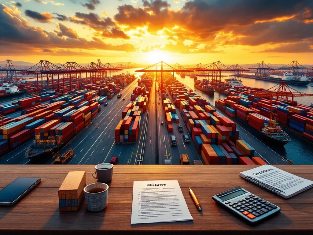 Luchtfoto van internationale containerhaven bij zonsondergang met rekenmachine en vrachtdocumenten op bureau