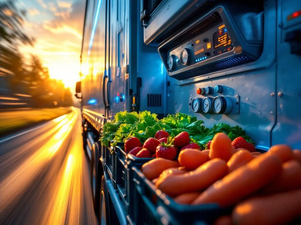 Gekoelde vrachtwagen met verse groenten in transportkratten, temperatuurcontrole zichtbaar, dramatische LED-verlichting