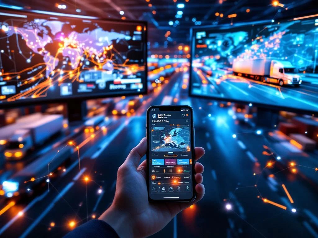 Luchtfoto van moderne logistieke controlekamer met GPS-tracking monitors en smartphone met live volginterface