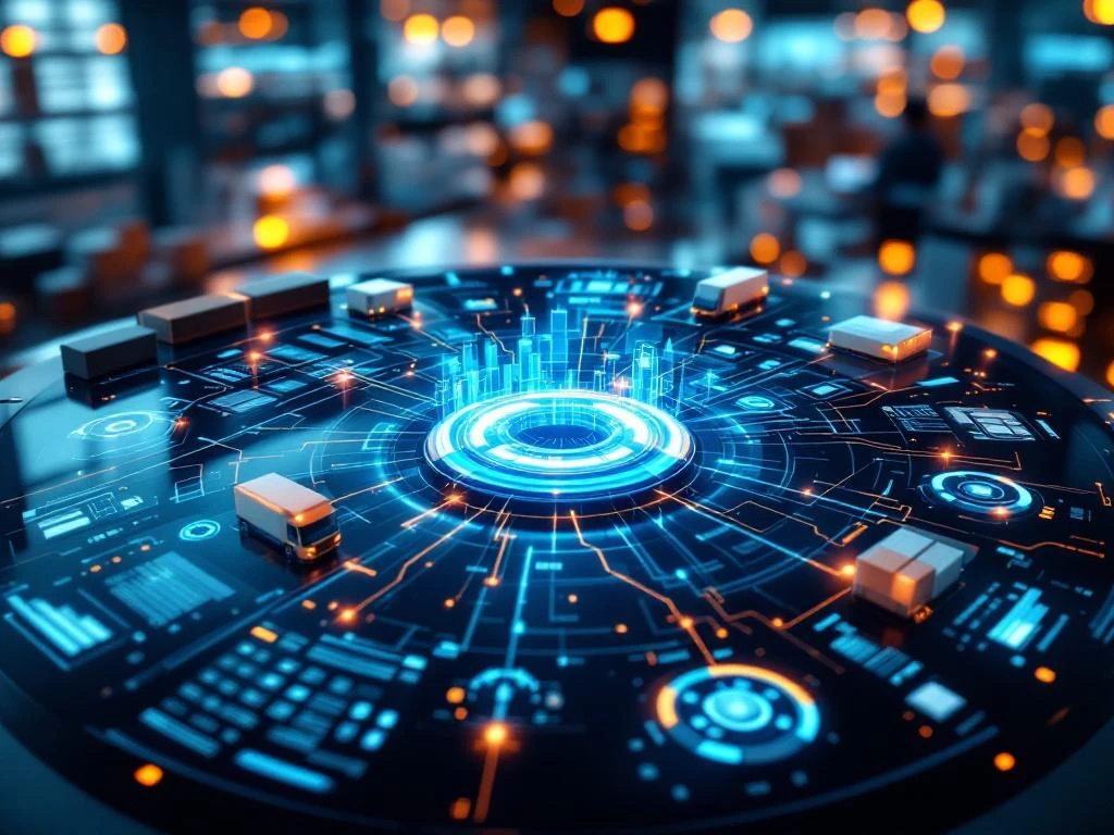 Moderne logistieke controlecentrum met gebogen monitoren die real-time supply chain data en netwerkverbindingen tonen