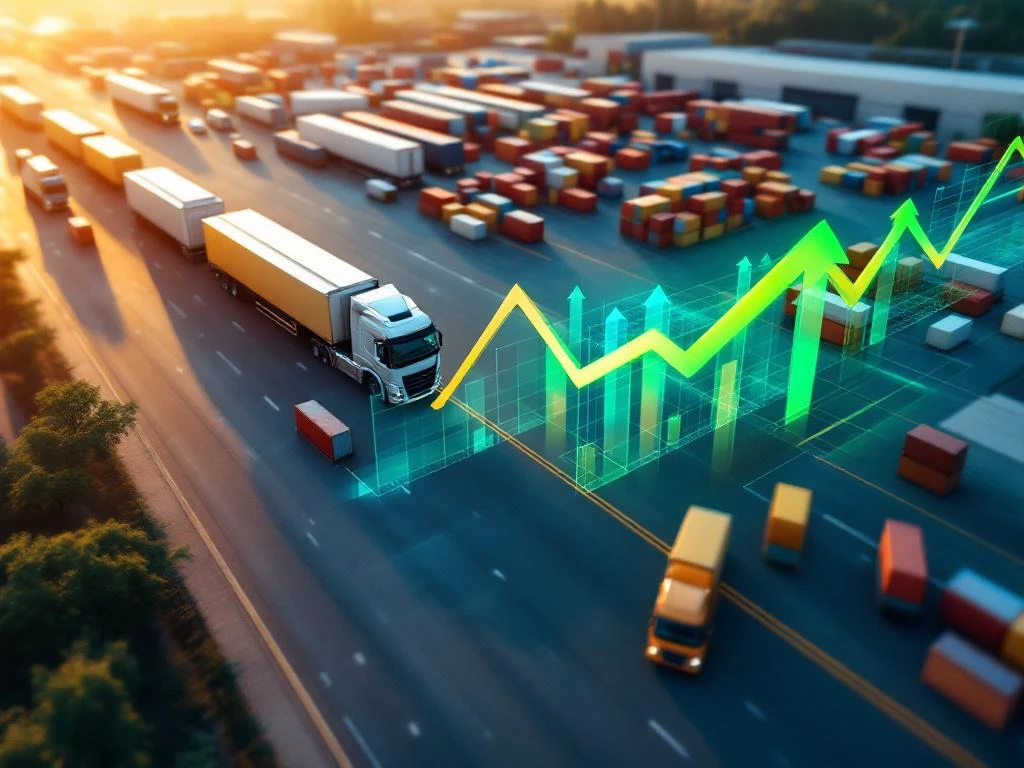 Luchtfoto van moderne logistieke hub met vrachtwagens, treinen en containers, met groene kostenreductie grafiek overlay