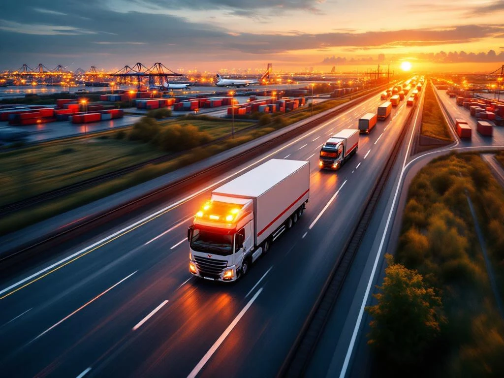 Noodresponsevoertuig met zwaailichten rijdt over snelweg bij logistiek centrum met vliegtuigen, schepen en treinen