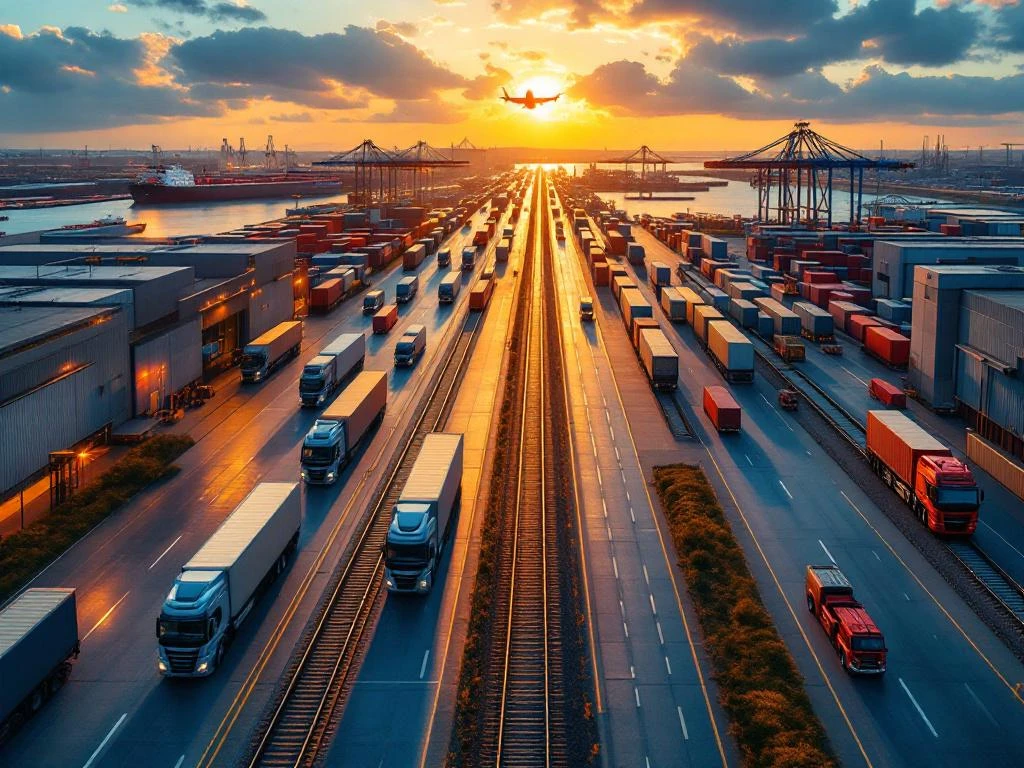 Luchtfoto van moderne logistieke hub met vrachtwagens, treinen, vrachtschip en vliegtuig tijdens gouden uur