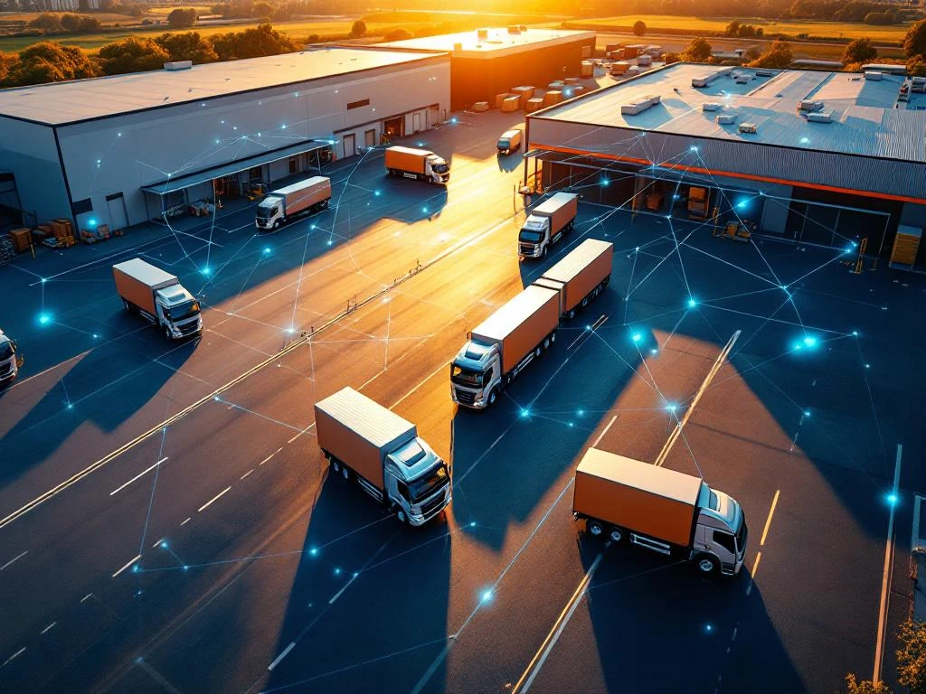 Luchtfoto van moderne logistiek hub met vrachtwagens en magazijn tijdens gouden uur, holografische routelijnen tonen tracking technologie