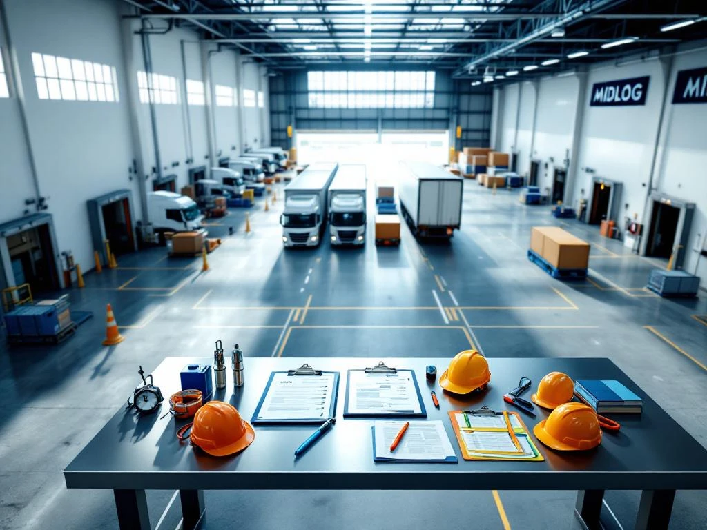Luchtfoto van moderne MIDLOG logistiek warehouse met laaddokken, vrachtwagens en inspectie-uitrusting op voorgrond