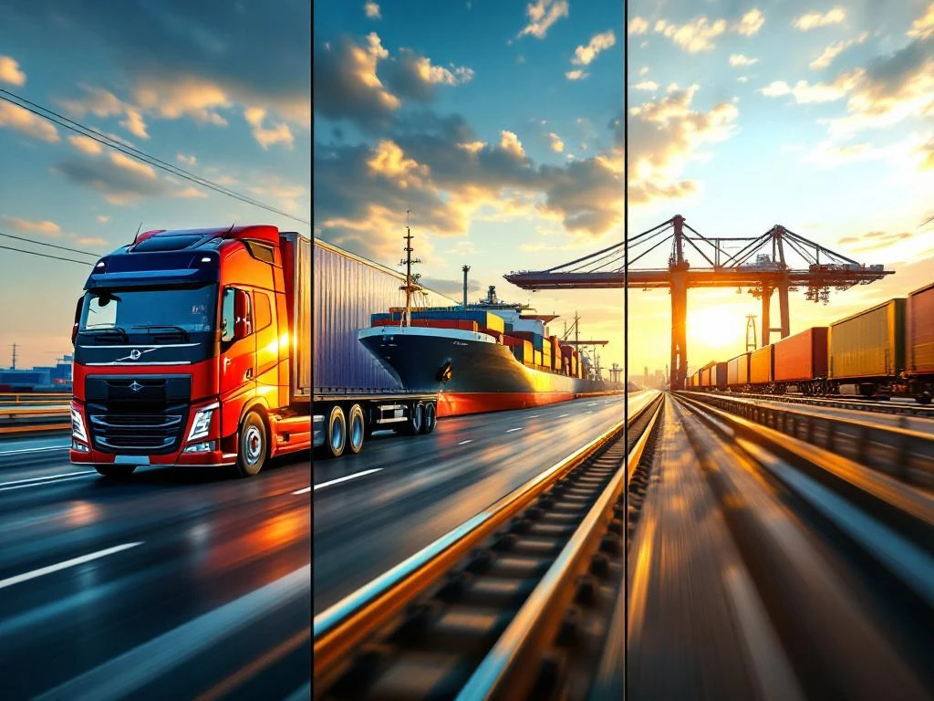 Vrachtwagen, vrachtschip en goederentrein in beweging tijdens gouden uur, moderne logistieke infrastructuur