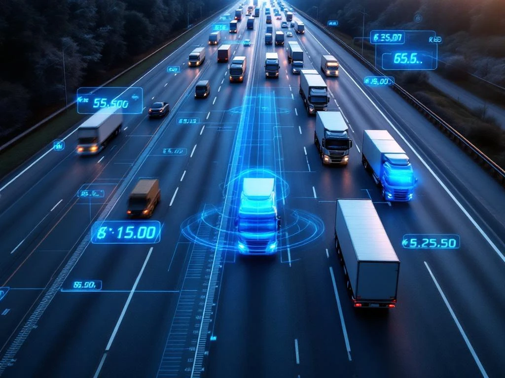Luchtfoto van moderne snelweg met vrachtwagens en digitale logistieke data-overlay voor routeoptimalisatie