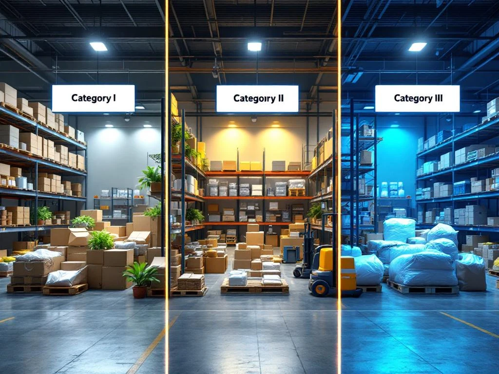 Magazijn met drie inspectiezones: verse producten, verpakte goederen en industriële materialen met NVWA-apparatuur