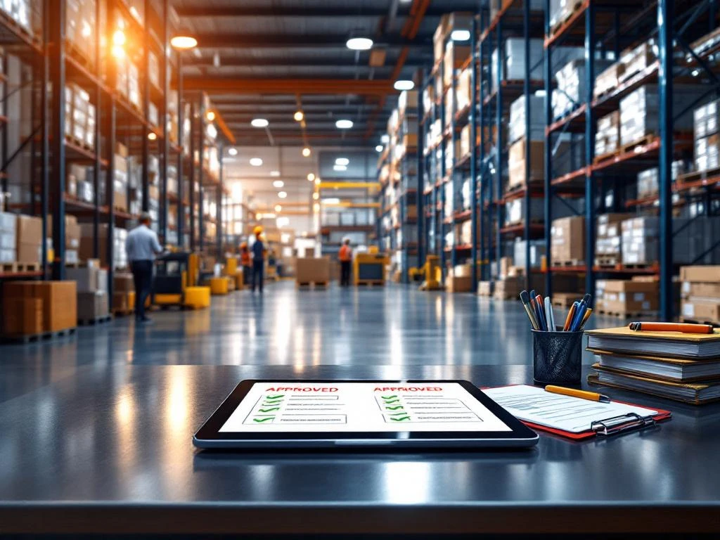 Moderne Europese magazijn met stalen rekken, goedgekeurde inspectiedocumenten en digitale tablet met groene vinkjes