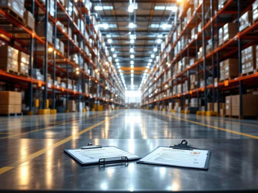 Moderne magazijnruimte met hoge stellingsystemen, NVWA-inspectieclipboards op stalen tafel en veiligheidscertificaten
