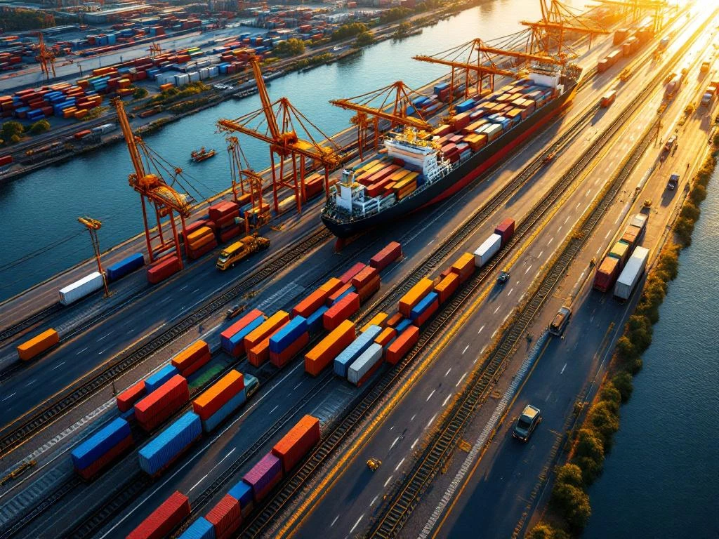 Luchtfoto van multimodale logistieke hub met containers, treinen, vrachtwagens en schepen in gouden avondlicht