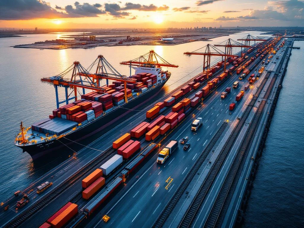 Luchtfoto van multimodale transportknooppunt met vrachtschip, trein, vrachtwagens en vliegtuig tijdens gouden uur