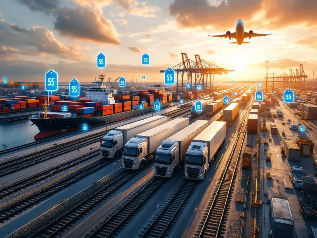 Luchtfoto van moderne logistieke hub met vrachtwagens, treinen, schip en vliegtuig tijdens gouden uur