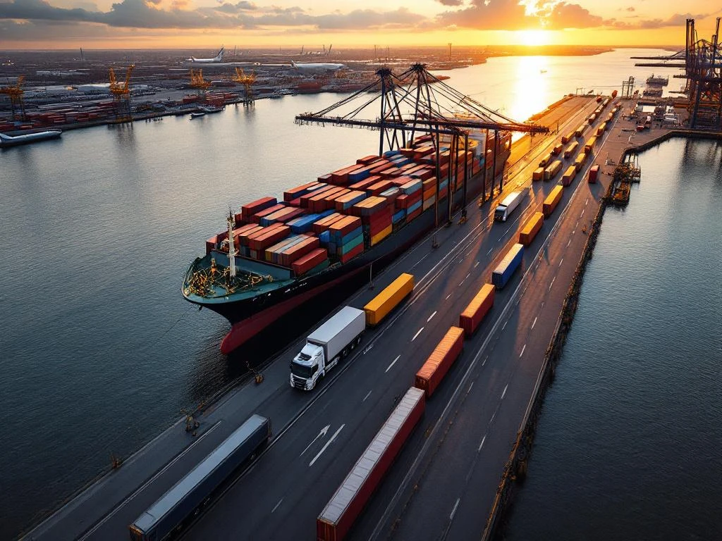 Luchtfoto van Rotterdam haven met vrachtschip, containers, kranen, treinen, trucks en vliegtuigen in gouden avondlicht