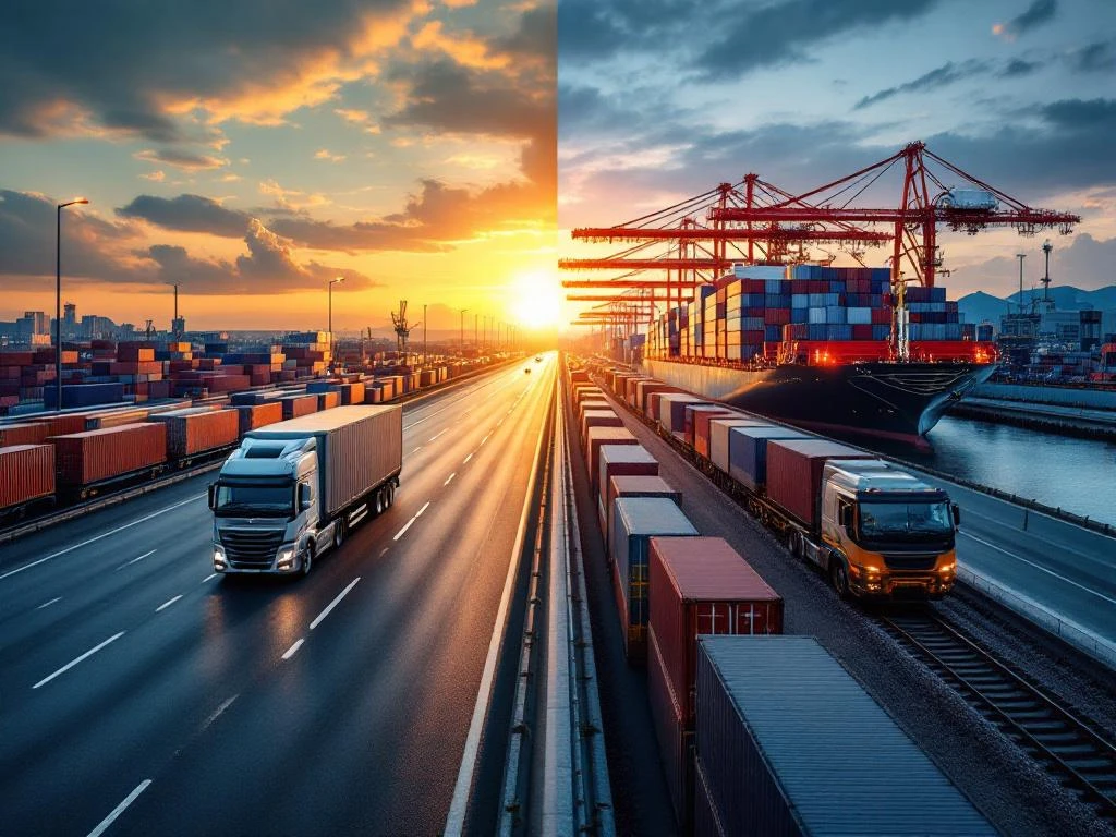 Vergelijking transportmodi: vrachtwagen alleen links versus geïntegreerde multimodale logistiek hub rechts met trein, schip