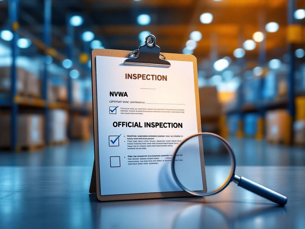 NVWA-certificeringsstempels en afvinklijsten op inspectie-klembord in moderne logistieke magazijnomgeving