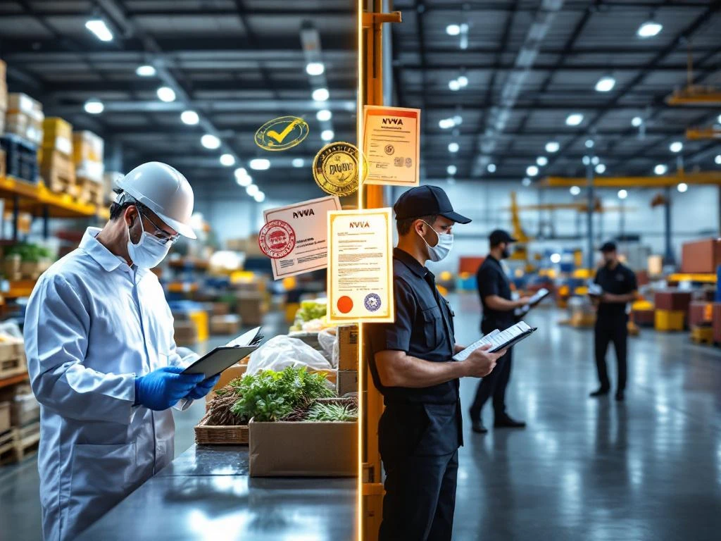 Split-screen beeld van NVWA voedselinspecteurs in witte jassen links en douanebeambten bij containers rechts in modern logistiek centrum