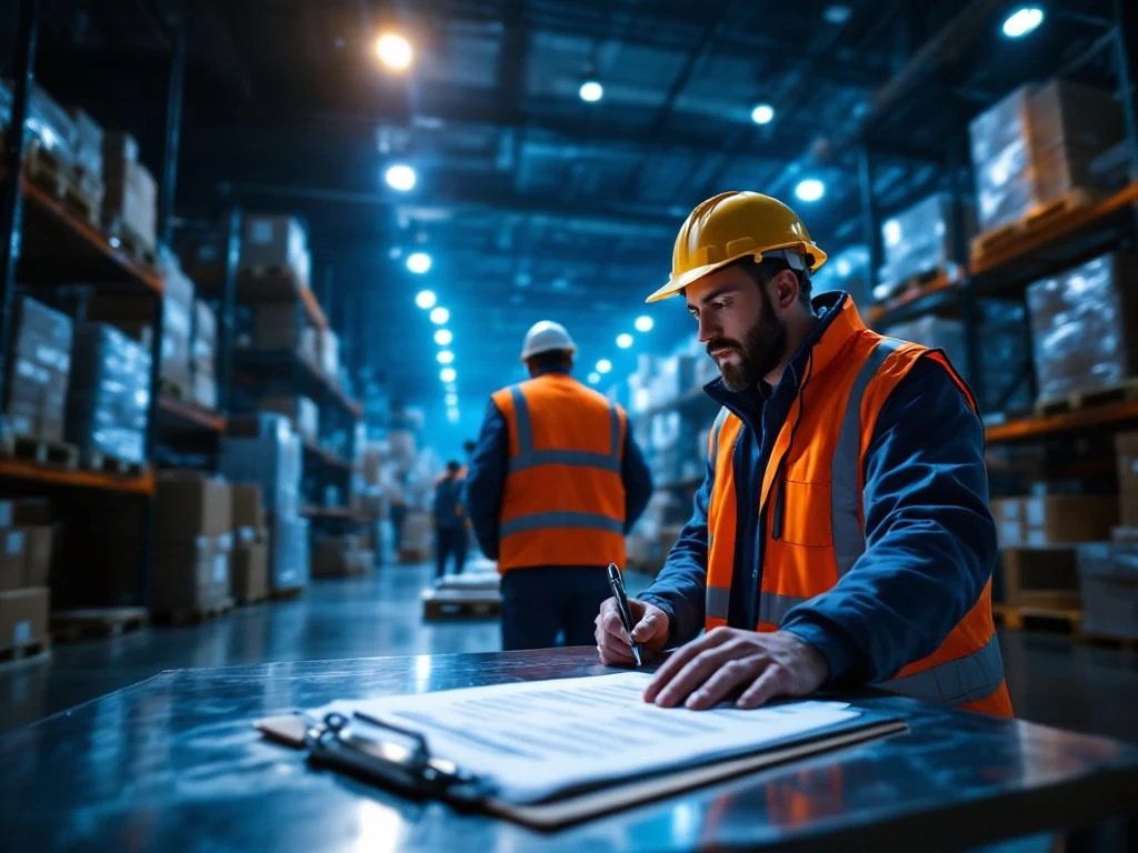 NVWA-inspecteur in veiligheidsvest controleert vrachtpallets in modern logistiek magazijn met klembord op inspectietafel