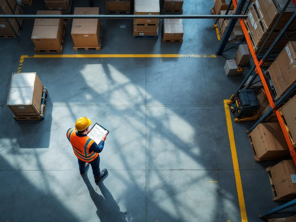 NVWA-inspecteur in veiligheidsvest controleert pallets en containers in modern magazijn met professionele apparatuur