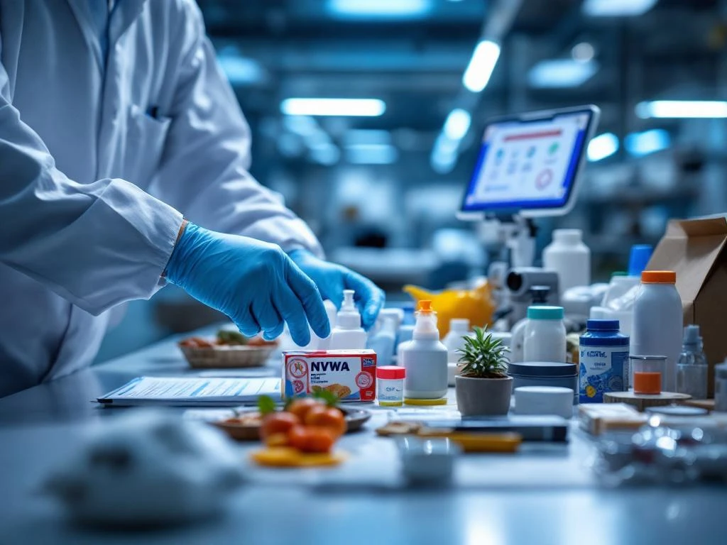 NVWA-inspecteur onderzoekt consumentenproducten op moderne inspectietafel met veiligheidstestapparatuur op achtergrond