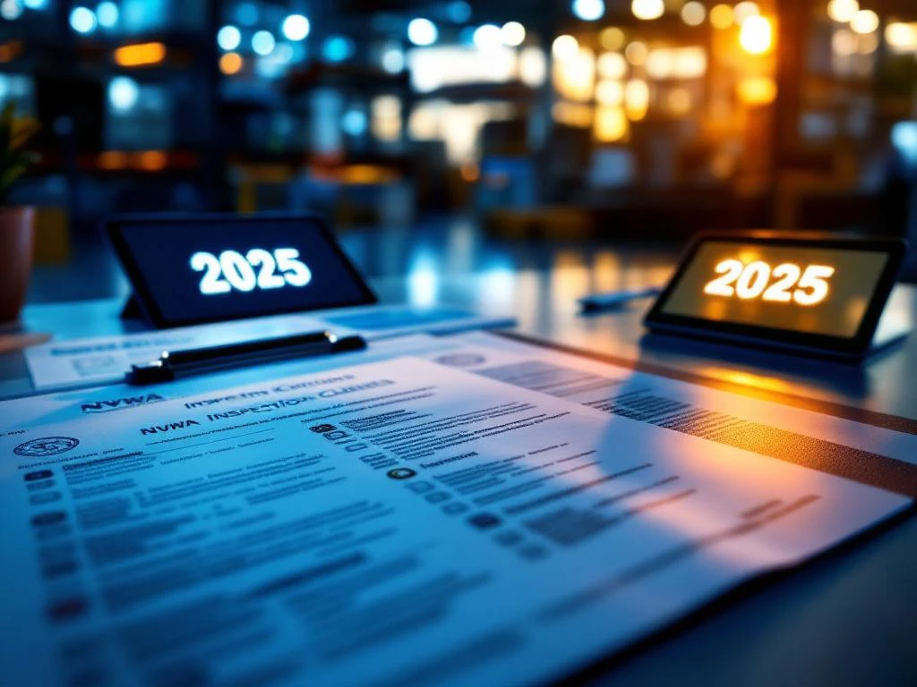 NVWA inspectiedocumenten en certificaten op bureau met klembord checklist, warehouse op achtergrond, 2025 kalender